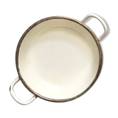 Plat a oeuf ancien en tôle émaillée blanc crème et doré