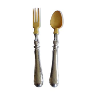 Silver and horn salad servers