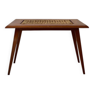Table basse en bois de teck et corde tressée, Audoux-Minet 1950