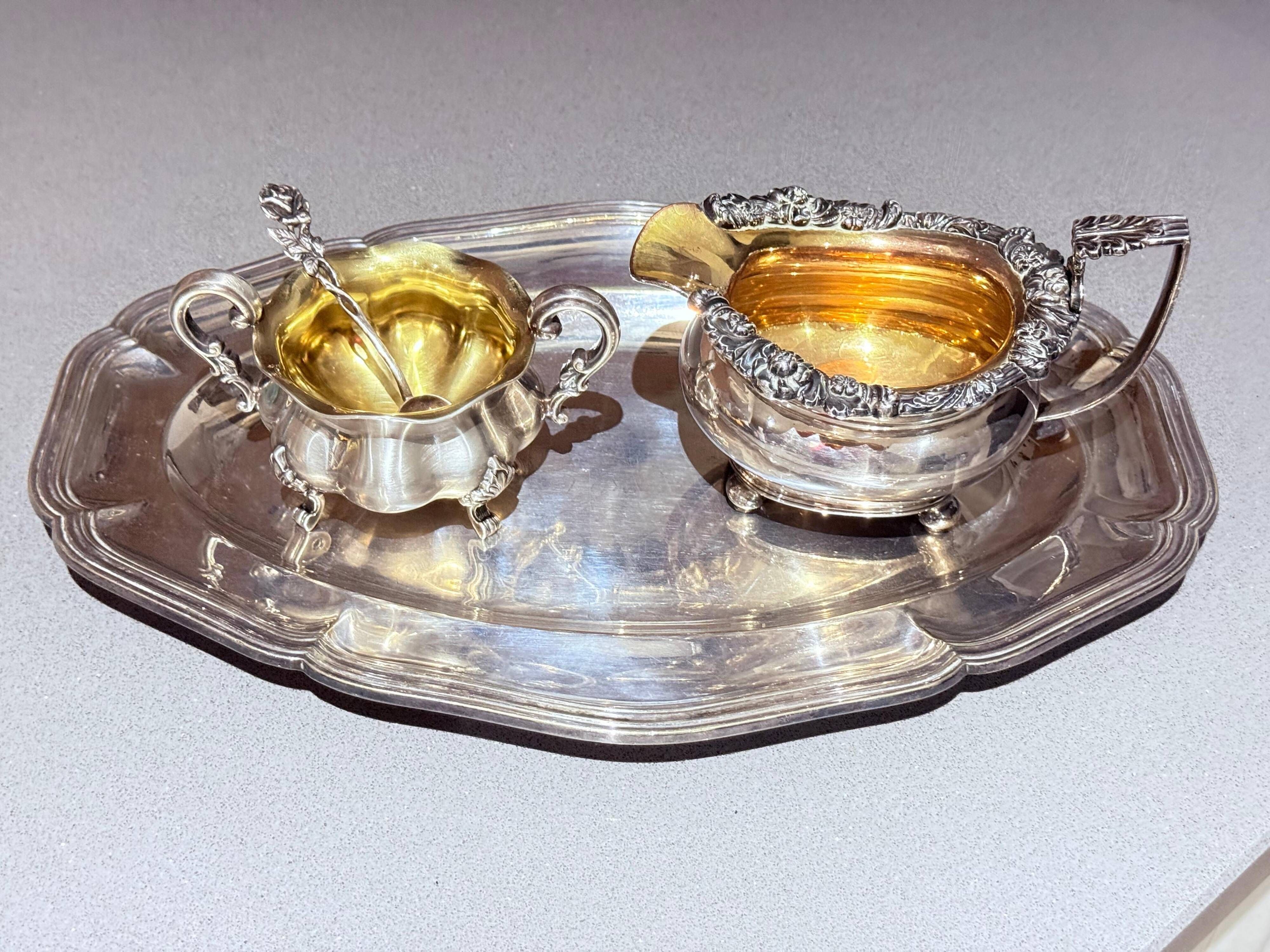 Antique Tea Set 4 Part English Silver Serving Tray, gild Home Decorative Objects