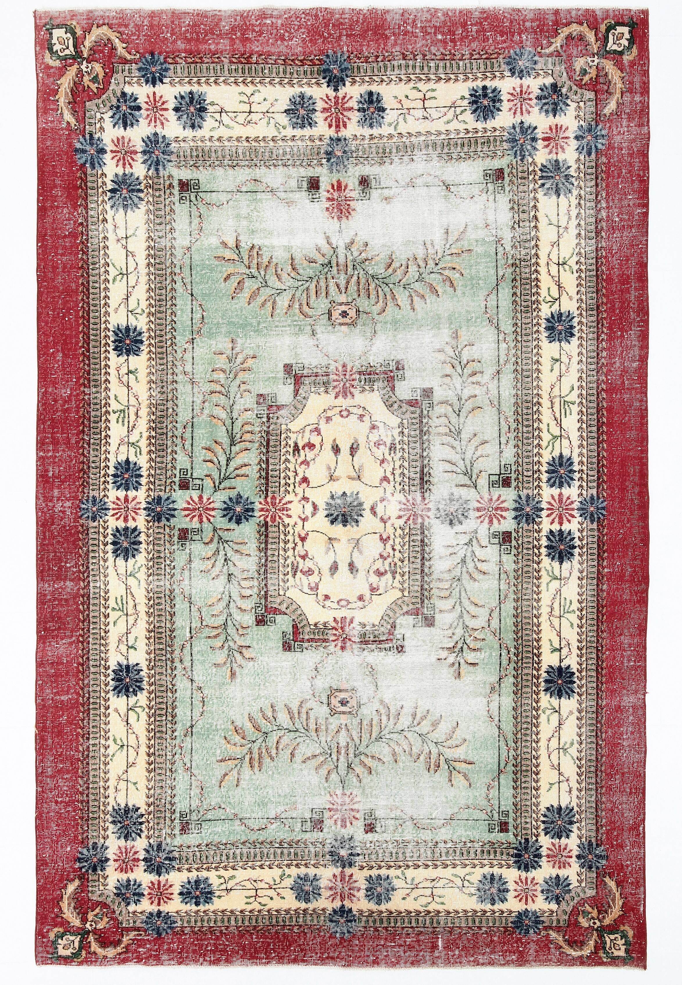 7x11 Rug For Living Room Red Green Bordered Vintage Area Rug, 215x335Cm