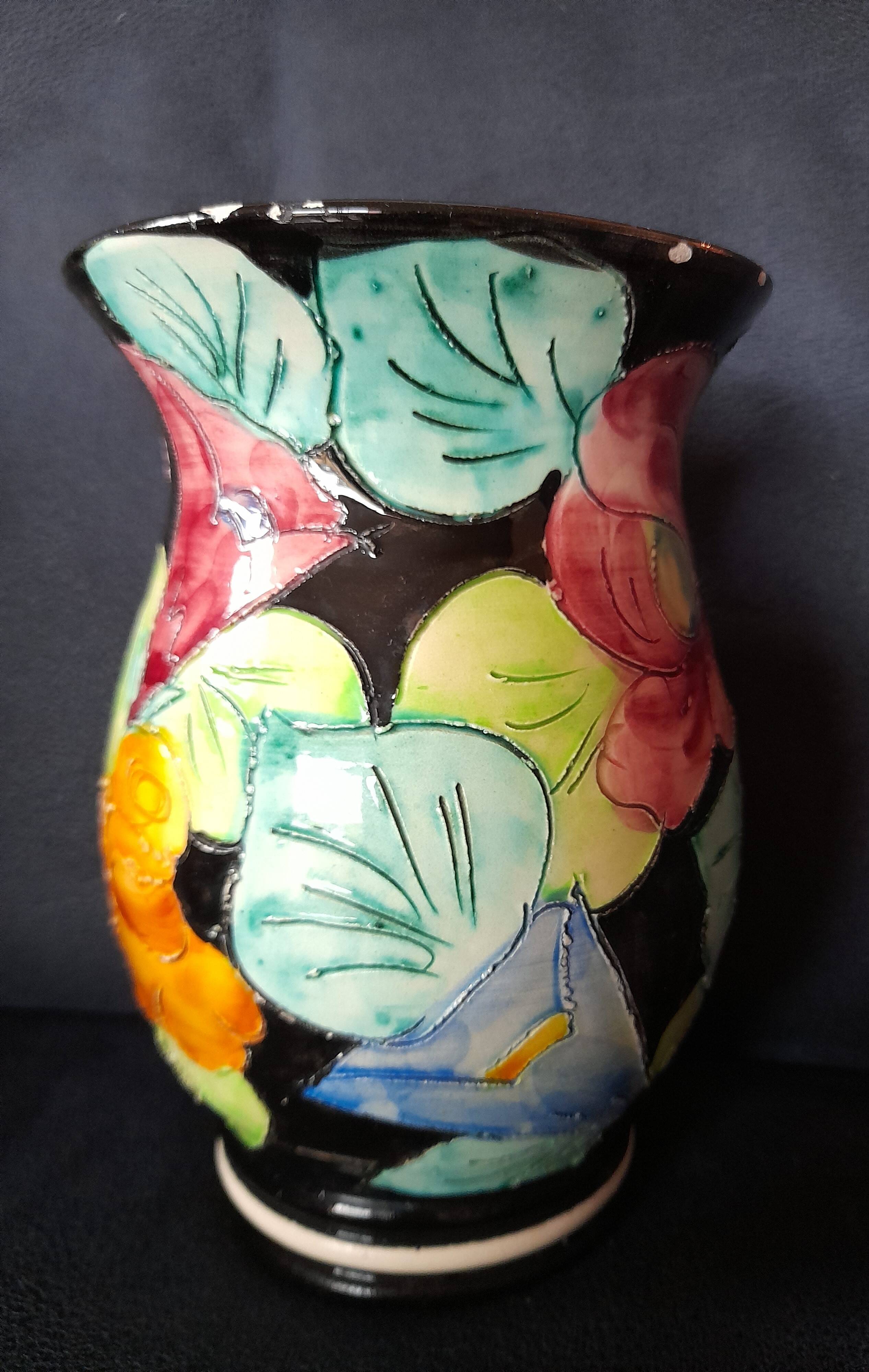 Vallauris glazed ceramic vase with incised flower decoration