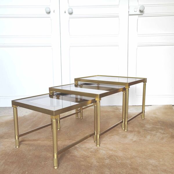 Tables gigogne laiton verre fumé et miroir