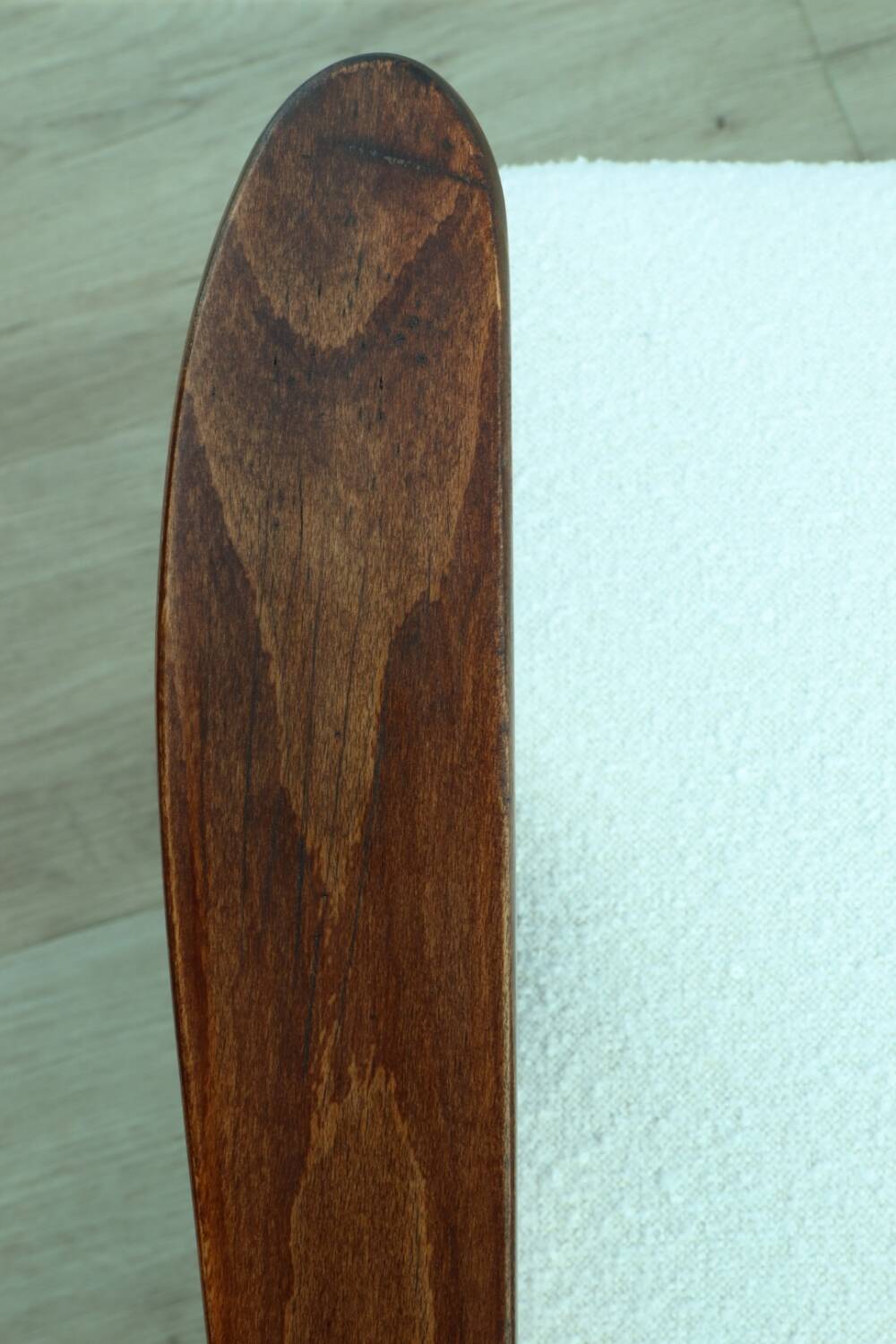 Vintage armchair mid century modern design white boucle dark walnut wood colour 1970 restored chair