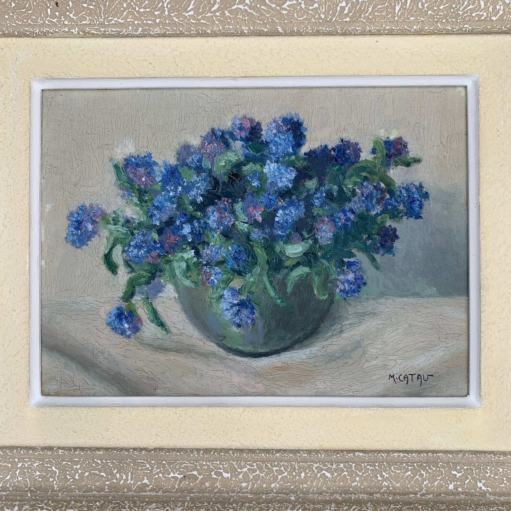 Table Painting on cardboard still life bouquet Maurice Catau Nancy 1954