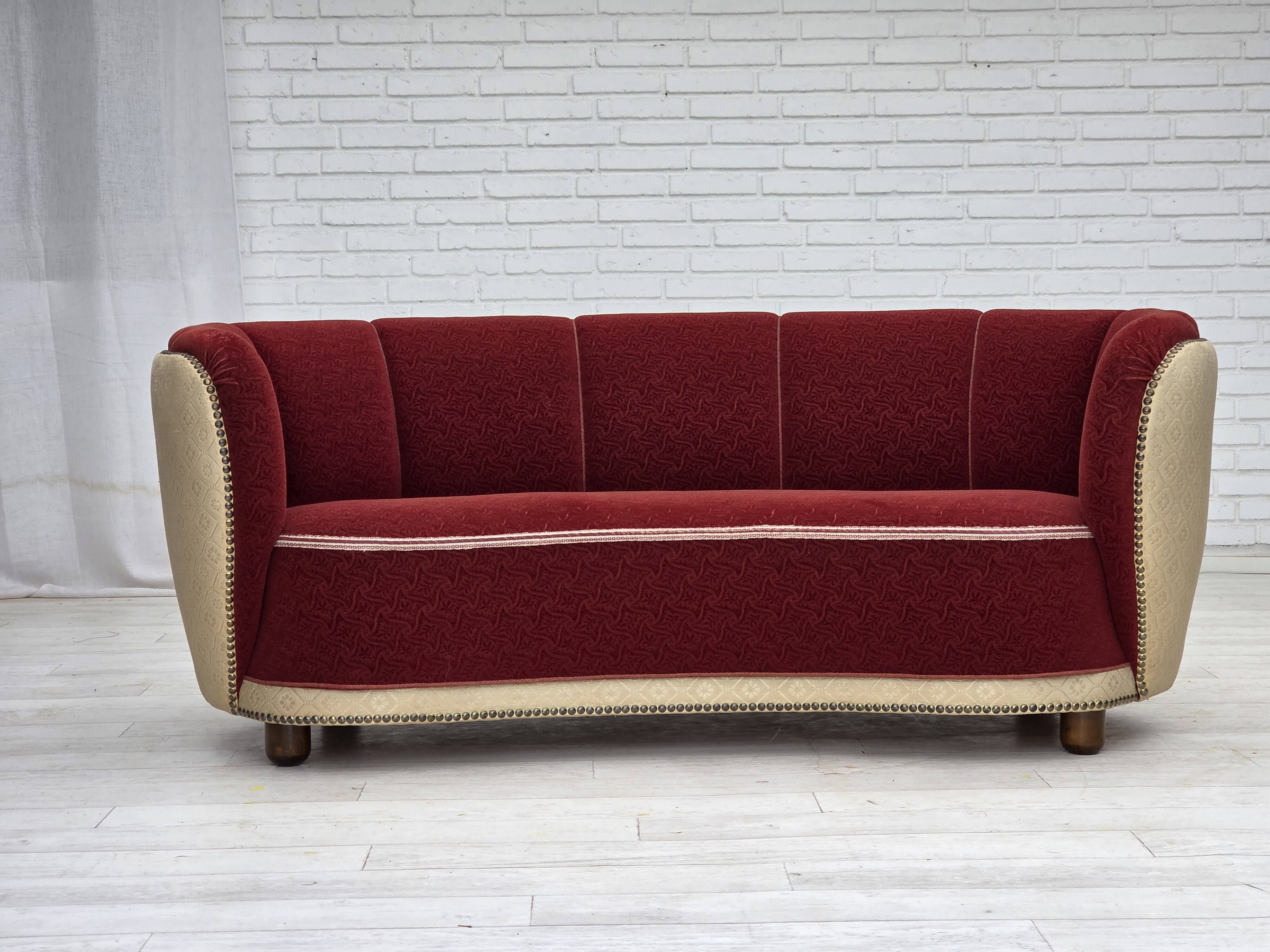 1960s, Danish curved 2-seater sofa, red/beige furniture wool fabric.