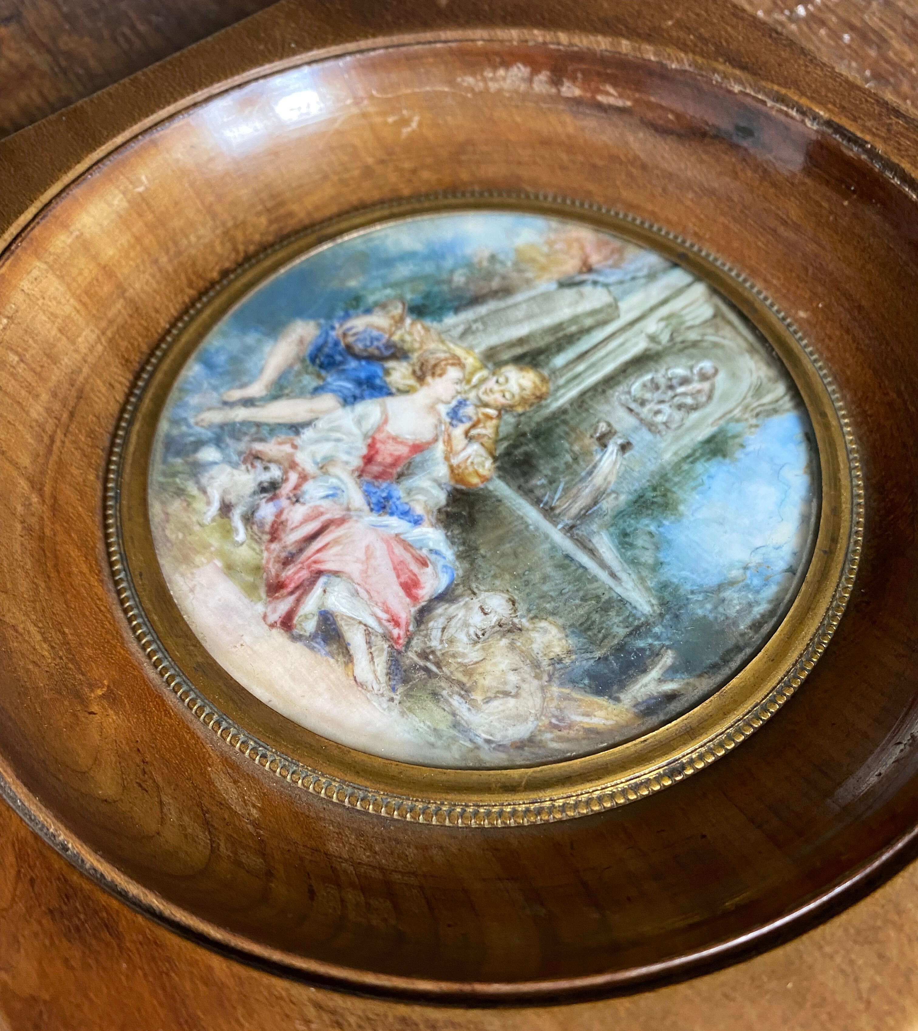 Old Miniature Painting "The Singer" romantic scene + frame