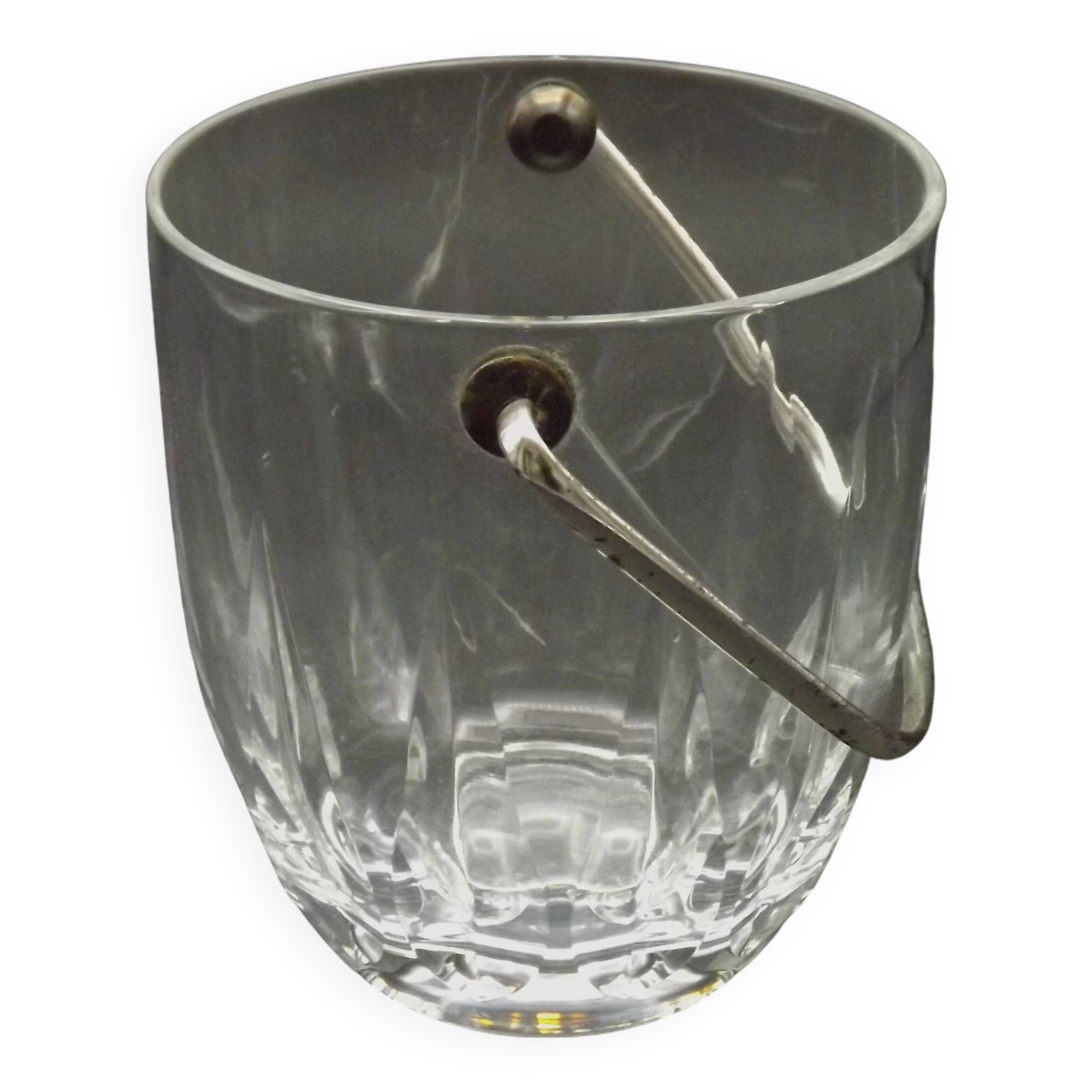 Vintage French heavy cut glass ice bucket with silver metal carry handle 4504.