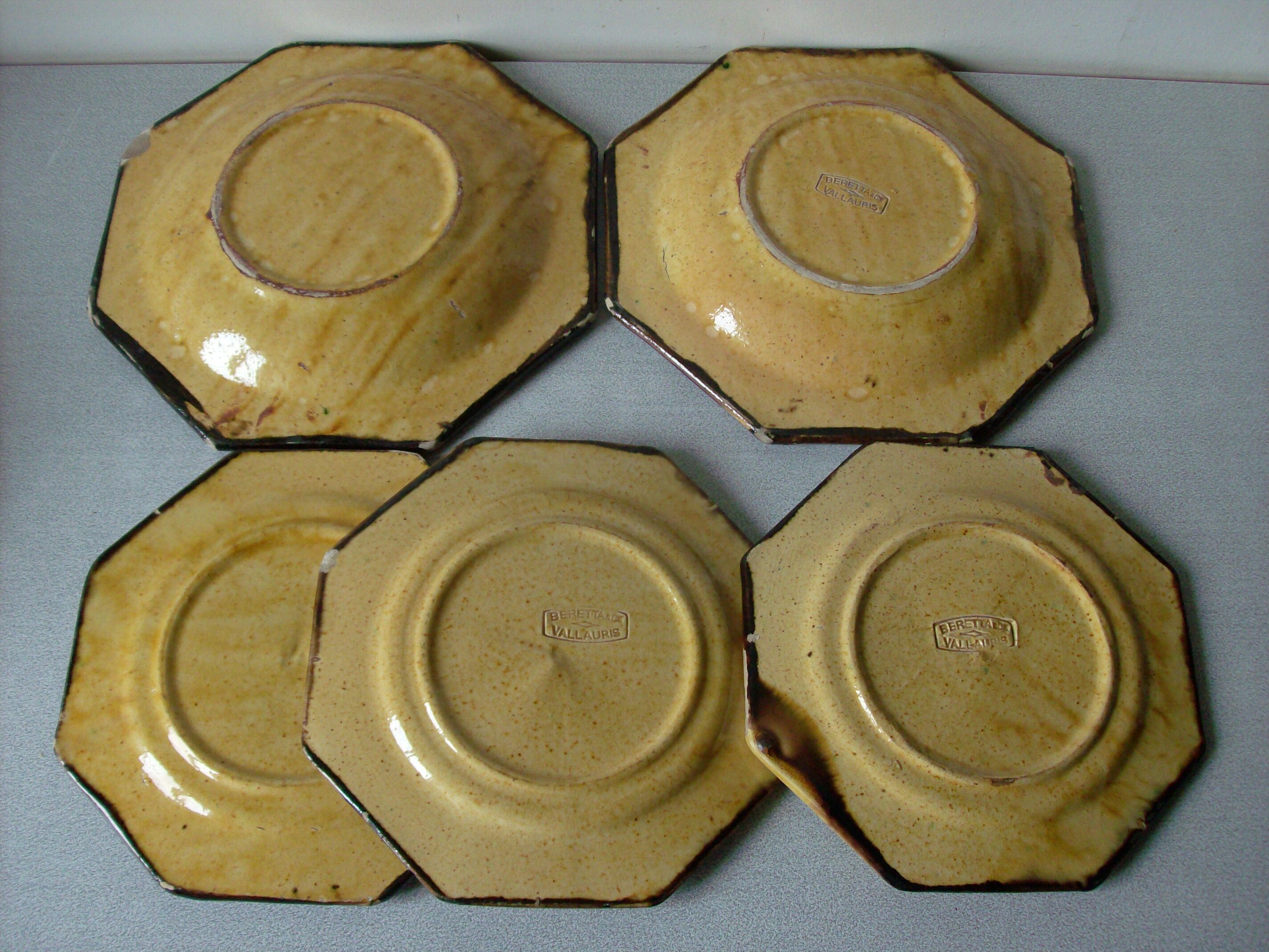 Set of 5 old plates Beretta Cie Vallauris glazed ceramic 1960s