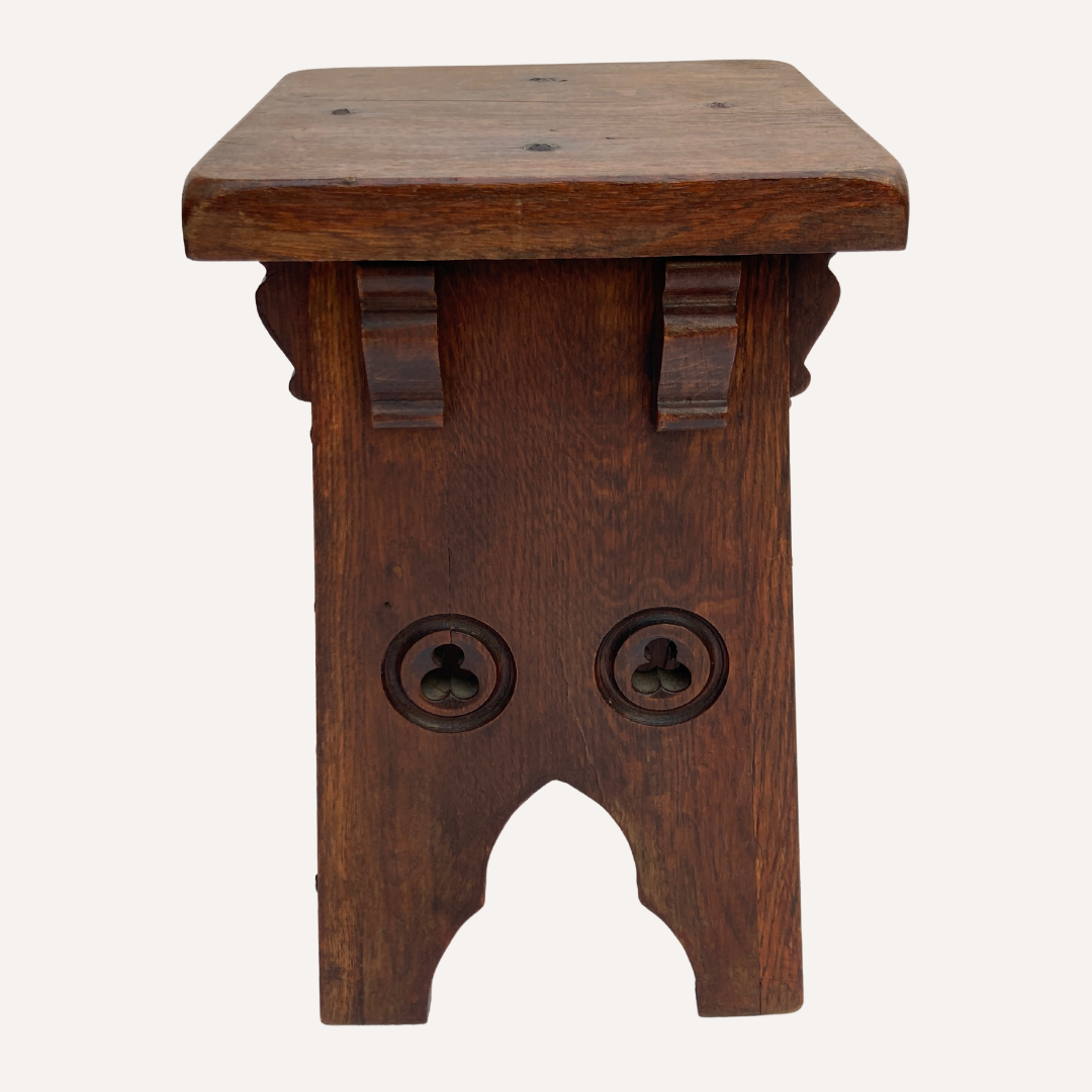 Brutalist set of 2 neo gothic oak stools ( pair ), midcentury , Spain