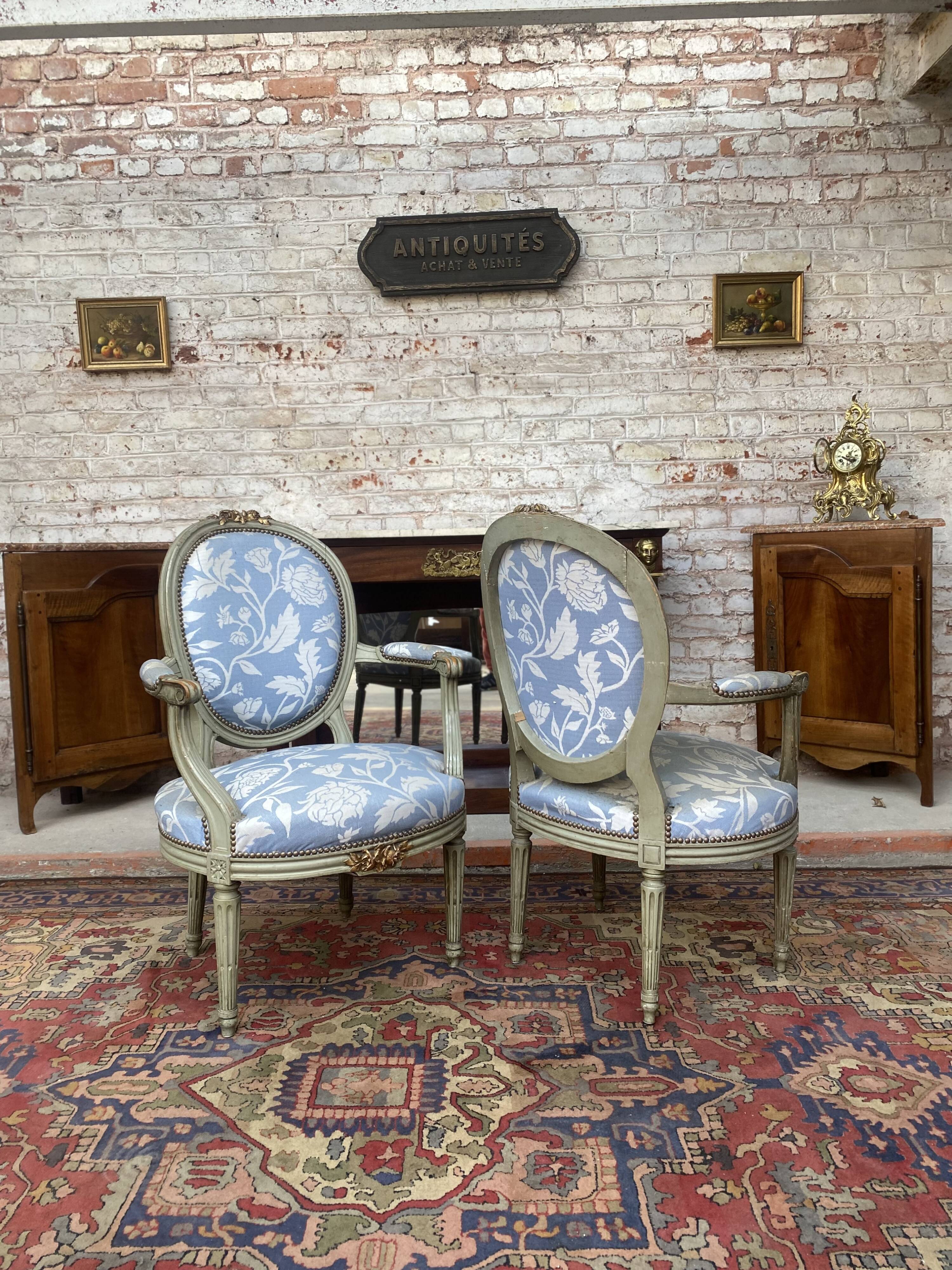 Pair of armchairs medallion in lacquered wood style louis xvi xix eme century