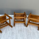 House Regain 3 Stools In Solid Elm And Leather 70s
