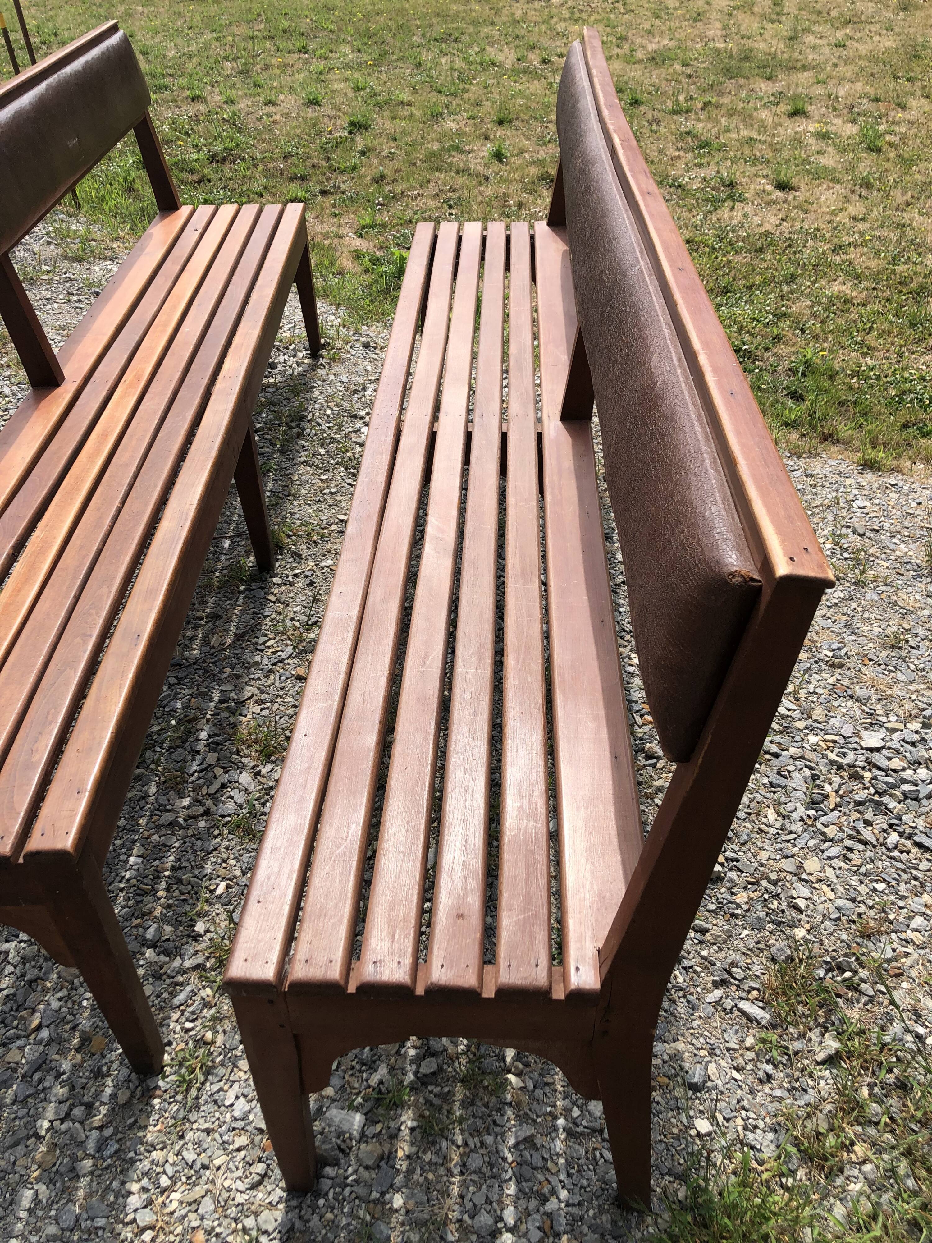 Duo of vintage church benches in solid beech