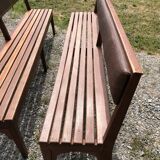 Duo of vintage church benches in solid beech