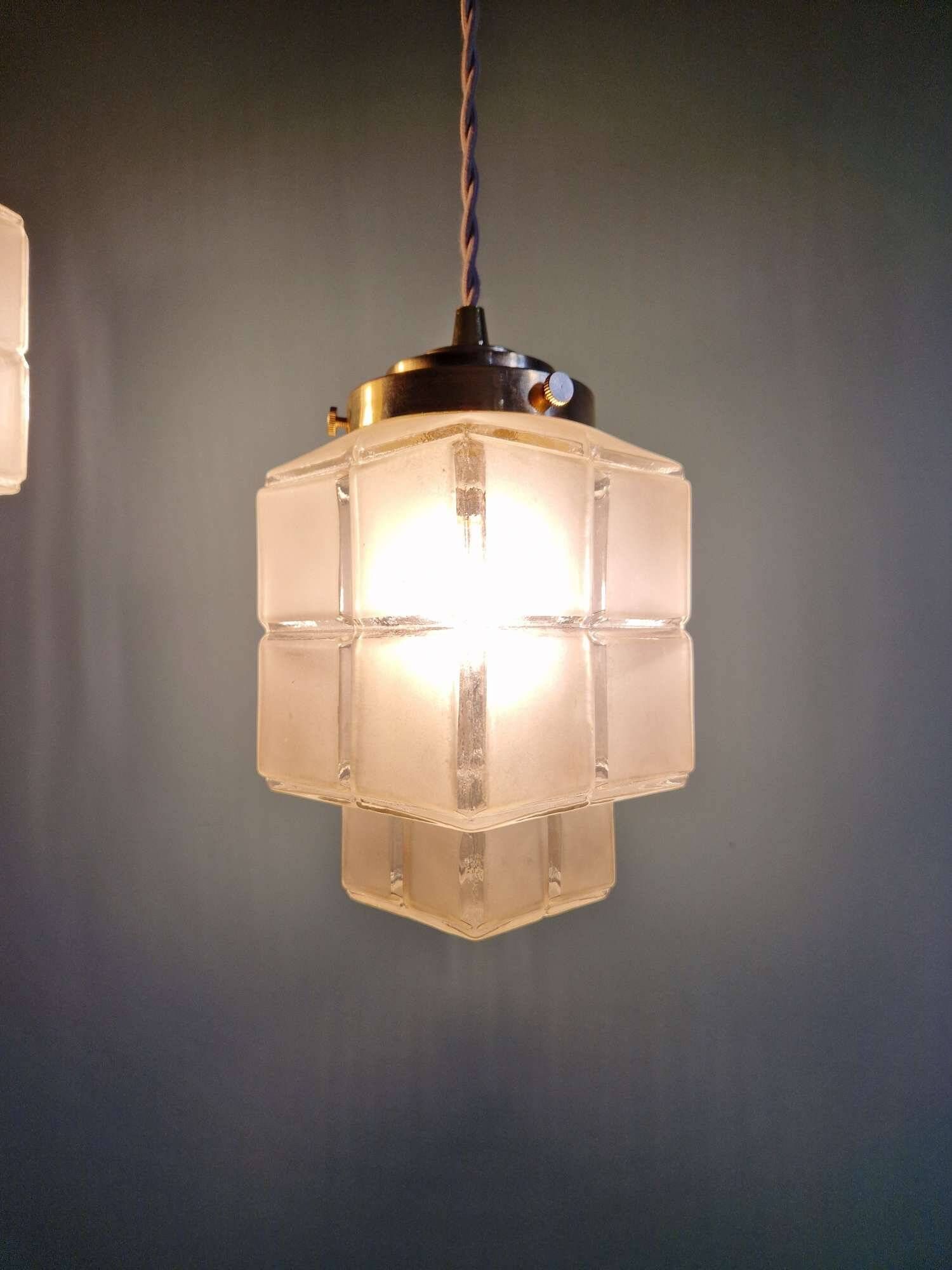 Pair of Art Deco Skyscraper satin glass pendant lights, 1930s