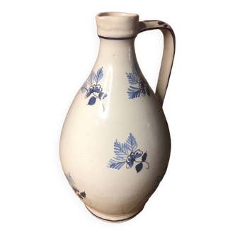 Old white ceramic pitcher vintage painted blue decor #a425