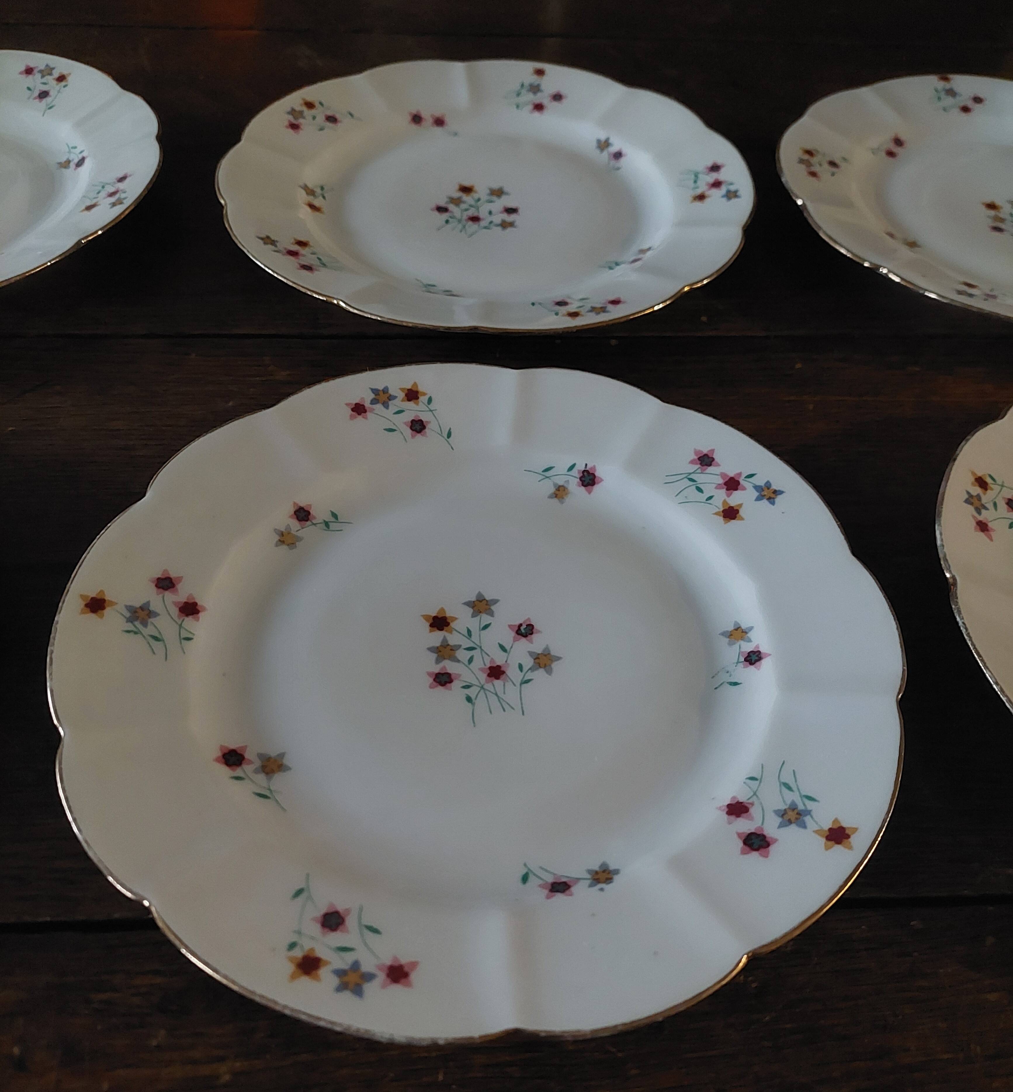 Set of six porcelain dessert plates from Châtres-sur-Cher, Gaston Sai