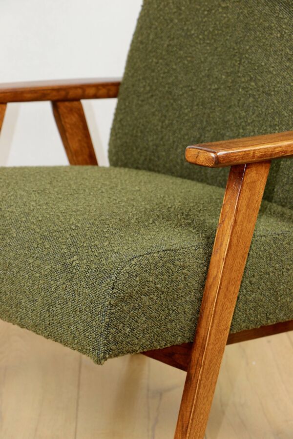 Fauteuil design vintage loft vert olive bouclé haut
