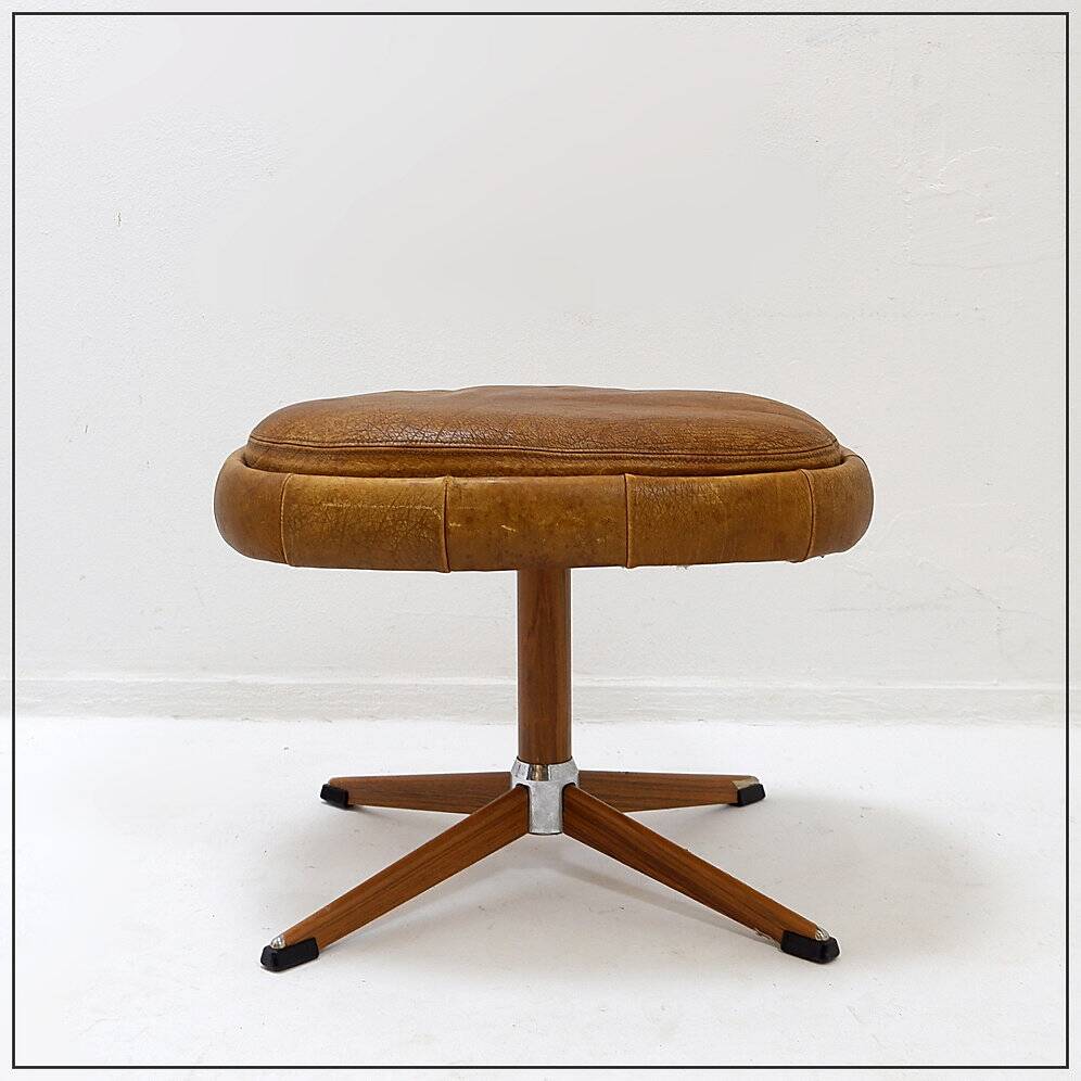 Brown leather swivel footrest with metal base - De Sede, Switzerland.