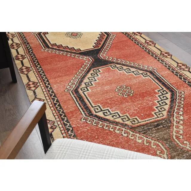 1970s Vintage Turkish Oushak Handmade Wool Cotton Red Runner Rug 116x267