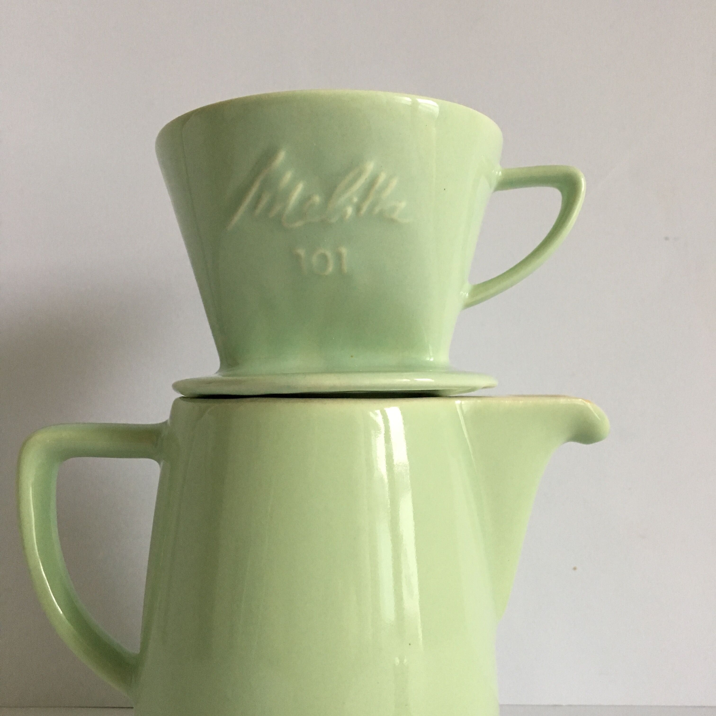 Melitta ceramic coffeepot & filter, 1960