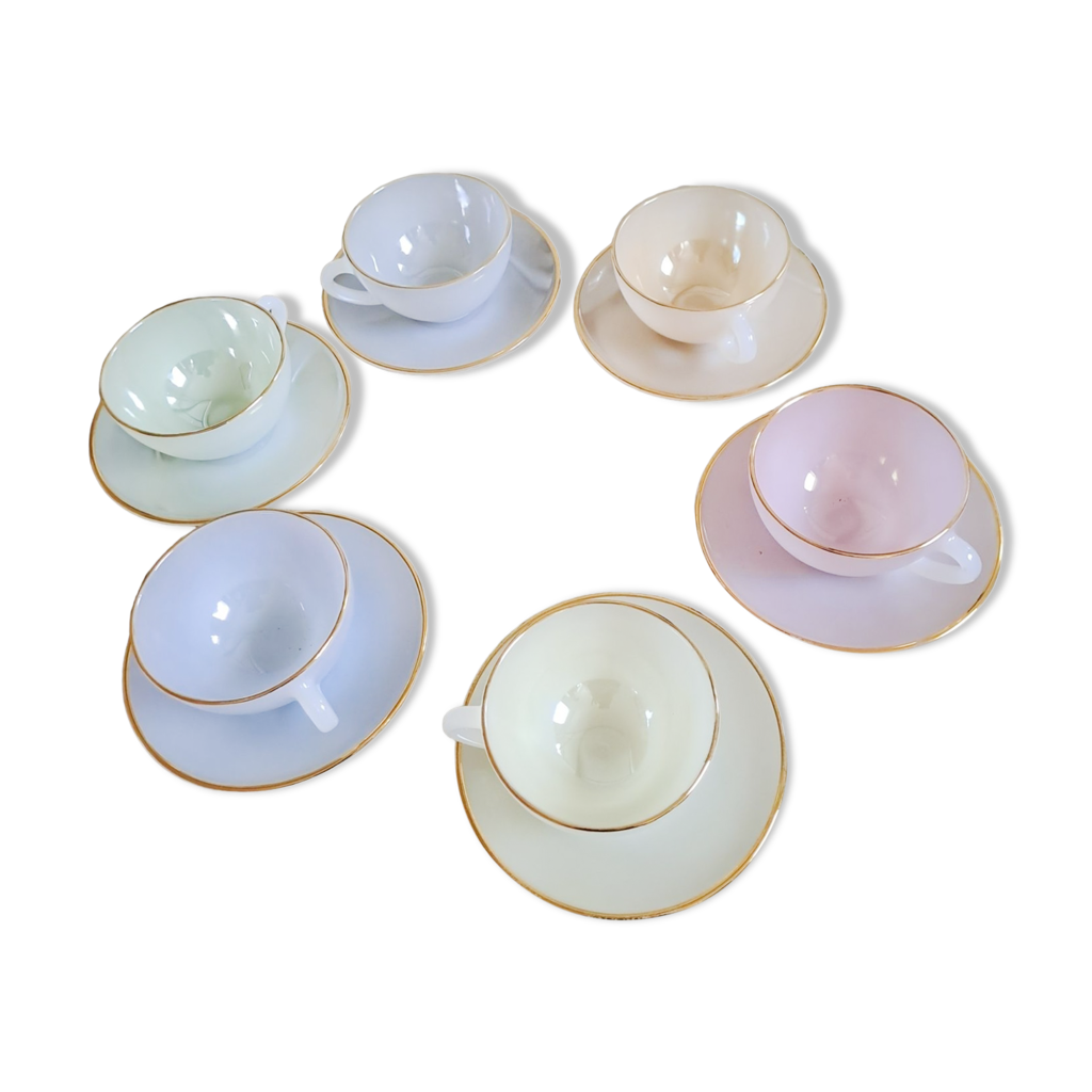 Lot De 6 Tasses Anciennes En Opaline Arcopal Vert - Style Art Déco, Vintage