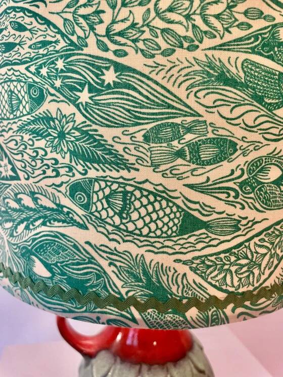 Wireless Jasba table lamp - West German pottery with fish decor | 41 cm
