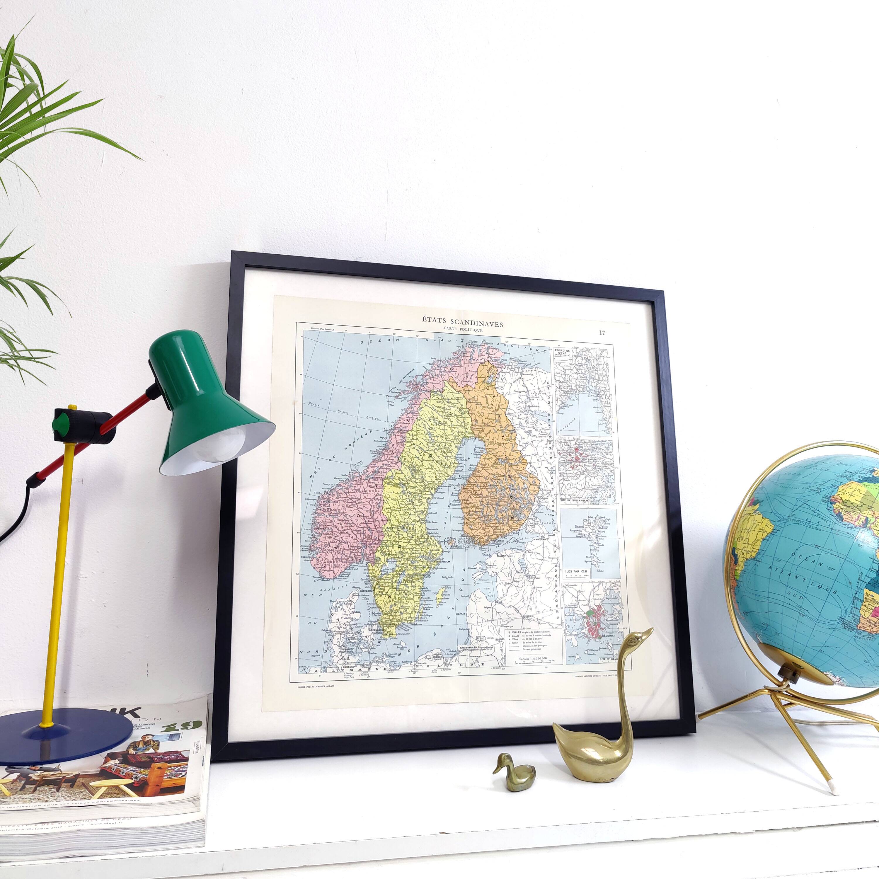Carte ancienne  Scandinavie Norvège Suède Finlande 43x43cm de 1950