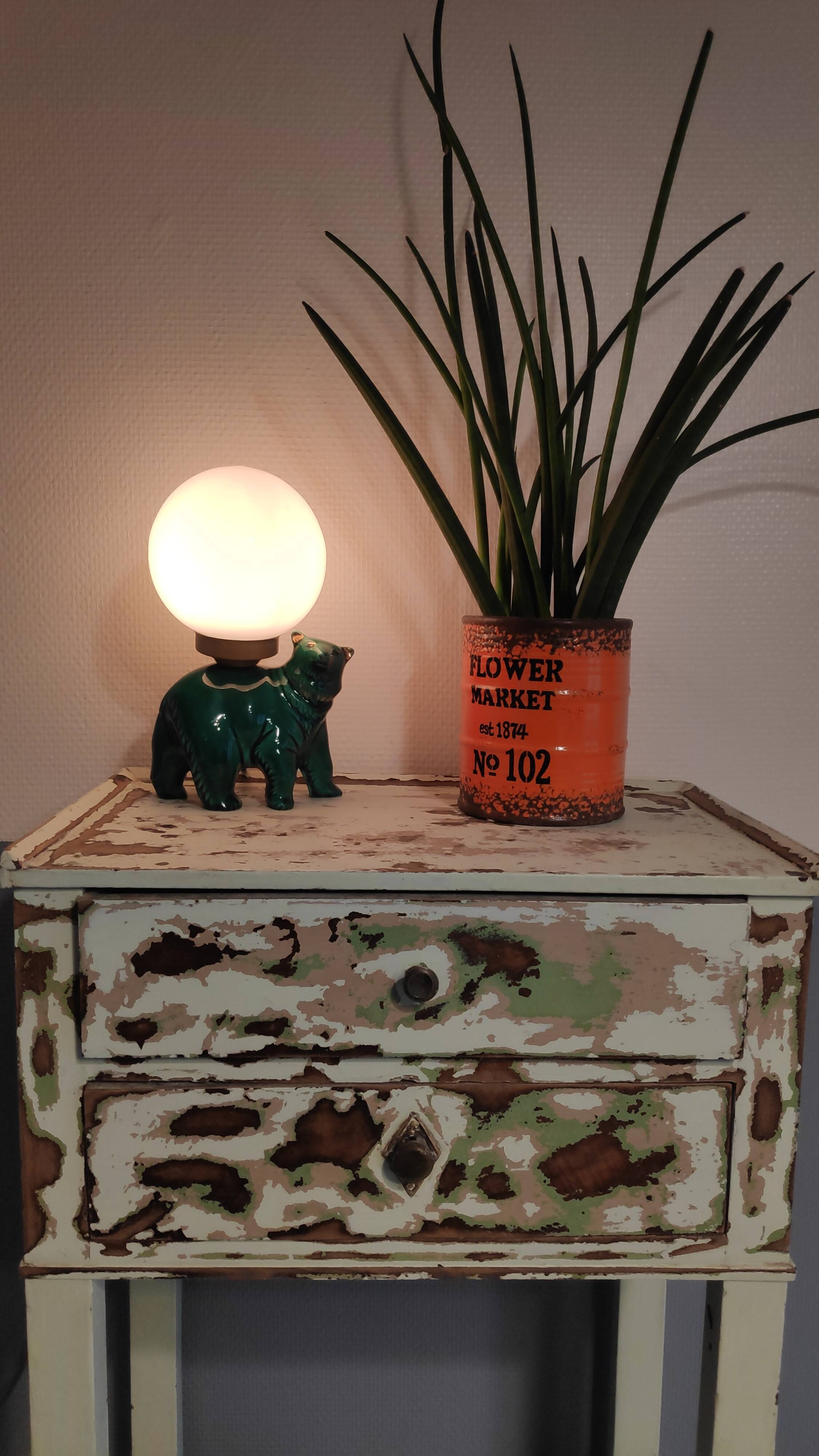Green ceramic bear lamp and white opaline globe
