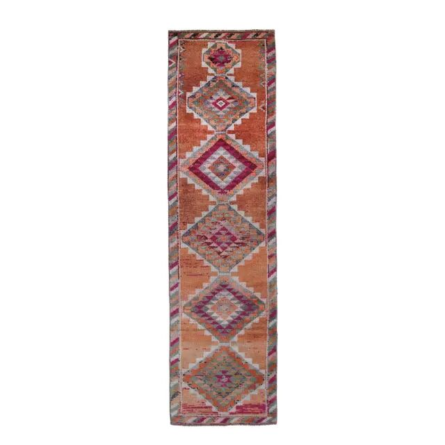 1970s Turkish Handmade Orange Diamond Wool Runner Rug 87x325