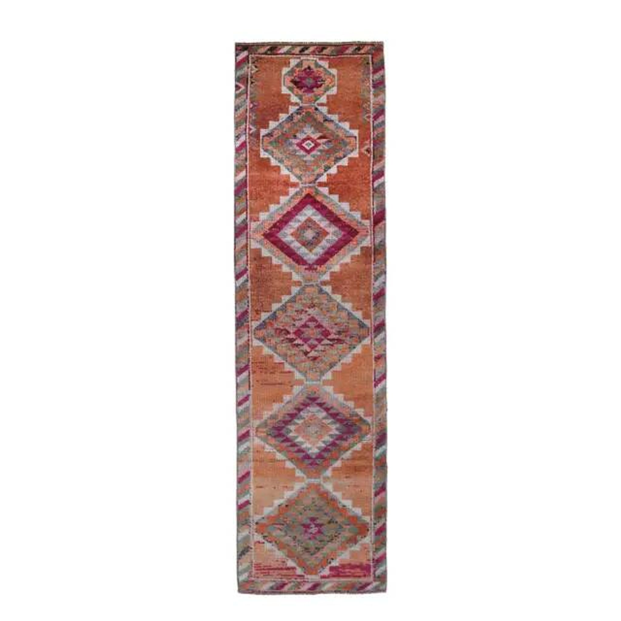 1970s Turkish Handmade Orange Diamond Wool Runner Rug 87x325