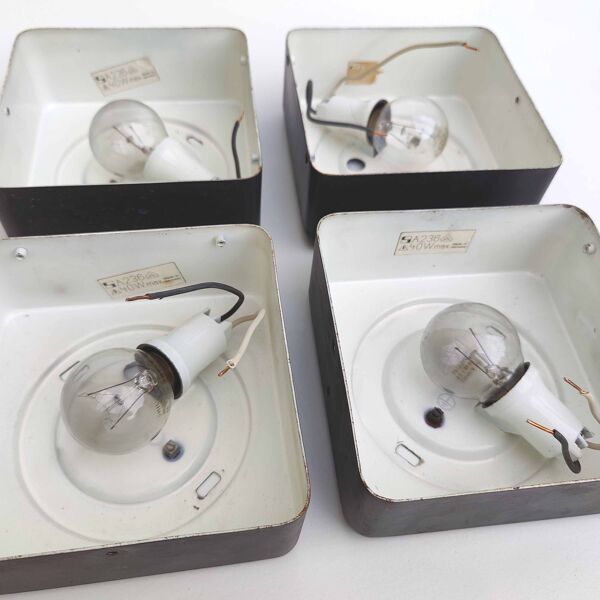 Set 4 appliques plafonniers carrés verre moulé bulles et métal noir
