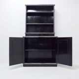 Antique wooden cabinet painted in black and with incised white painted decorations, Ettore Zaccari, Italy c 1910