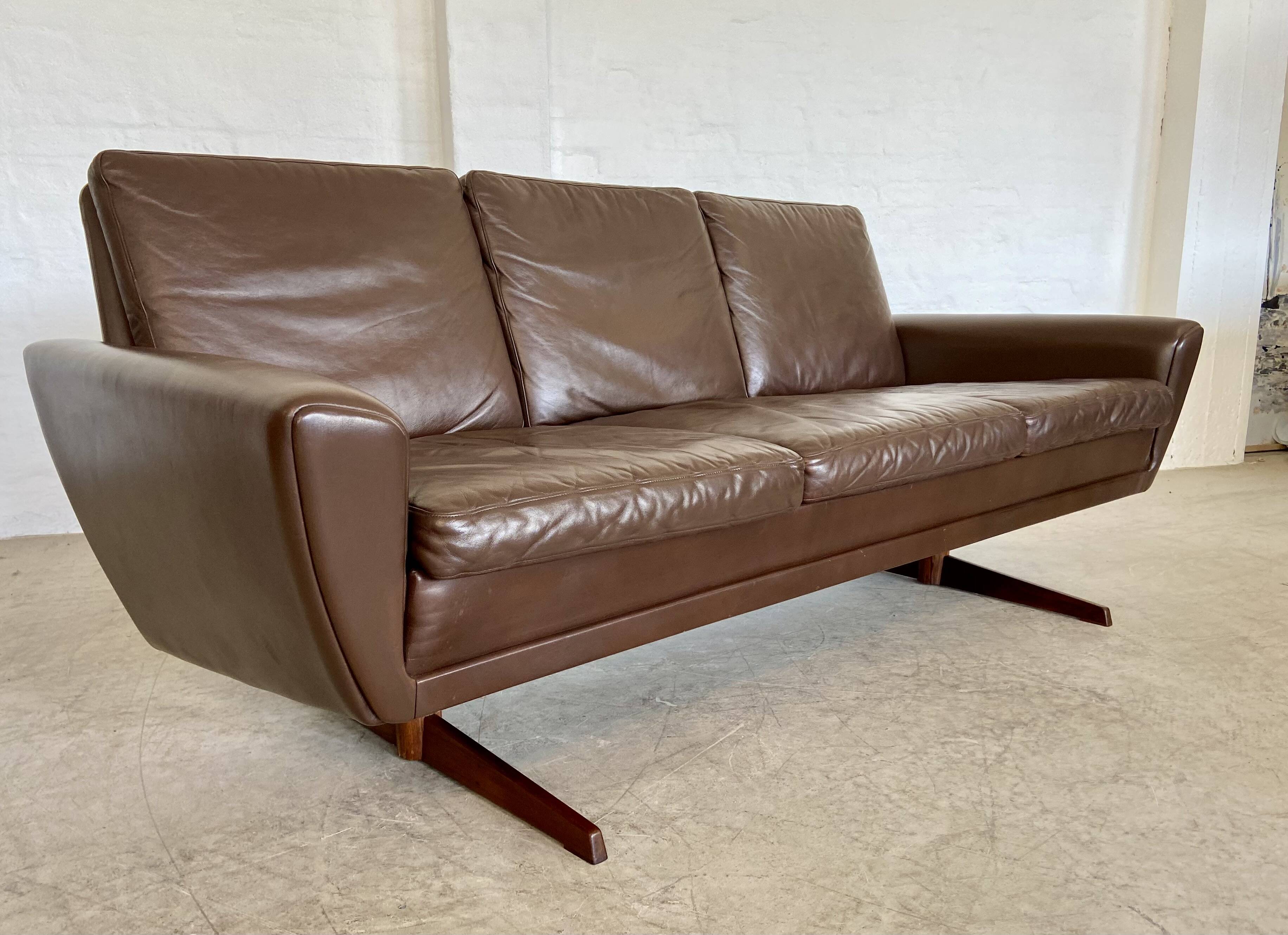 Vintage retro danish mid-century g. thams 3 person sofa in brown leather