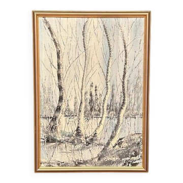 Mid Century Scandinavian Oil Painting – Trees By Gunnar Lundén Vintage & Framed 42 × 57 Cm