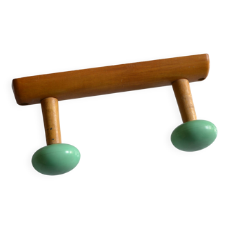 Wall coat rack with 2 hooks, wood and plastic, 60s style.