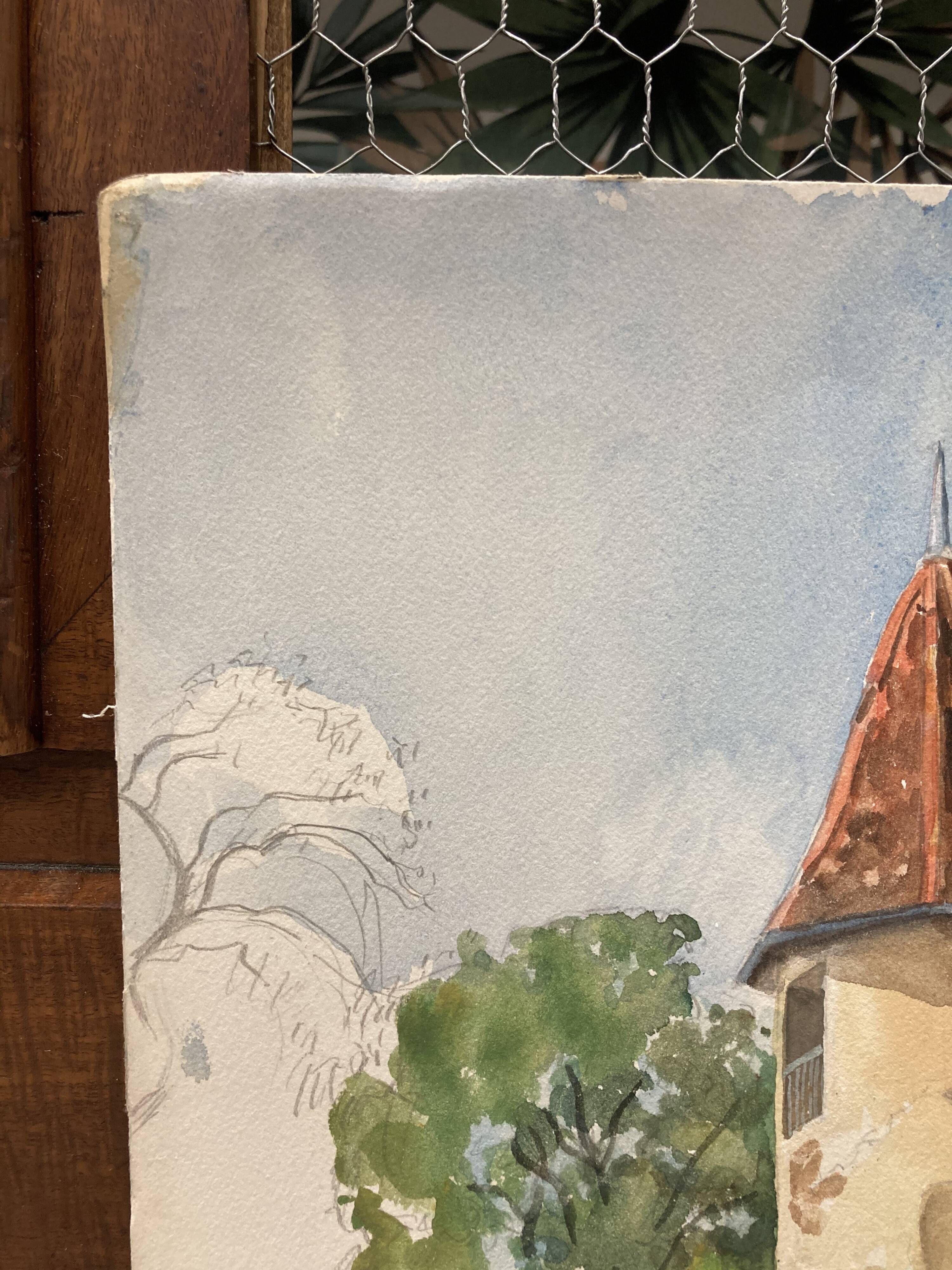 Watercolor landscape old house