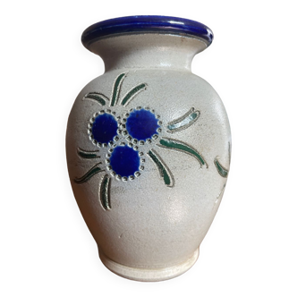 Vintage french burger betschdorf alsace stoneware vase, french vase, cottage style vase, stoneware vase, rustic vase, blue floral vase