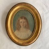 19th century portrait of a young girl, oil painting framed in oval gilded wood