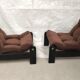 Modernist armchairs wood heaters and brown velvet vintage 70s