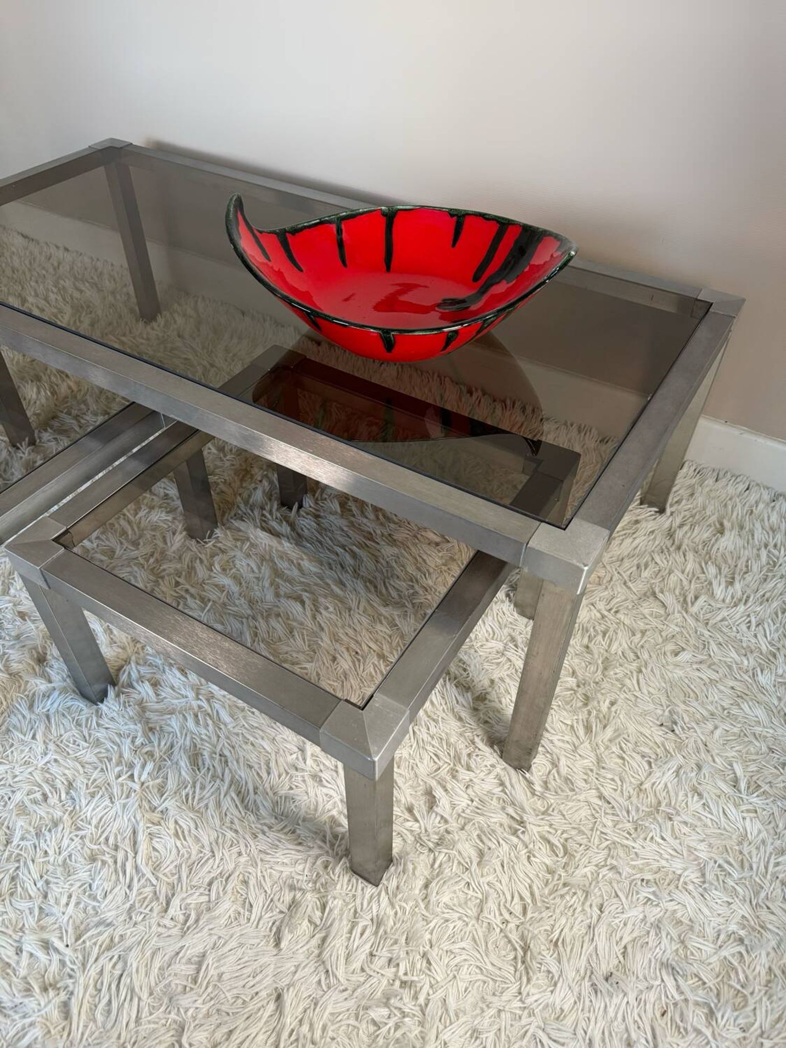 Table basse acier brossé design années 70 et gigognes