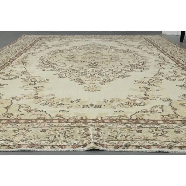 1970s Vintage Turkish Oushak Handmade Wool Cotton Beige Area Rug 186x306