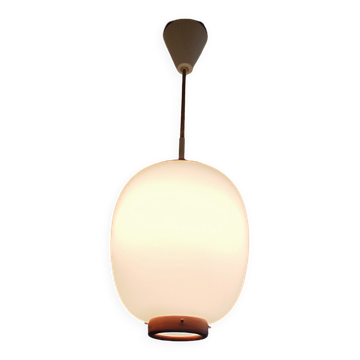 Suspension design Bent Karlby, Lyfa edition 1960s. Opaline glass, teak.
