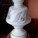Vintage lamp of the 50s in white and golden opaline glass lampshade in red satin 75cm