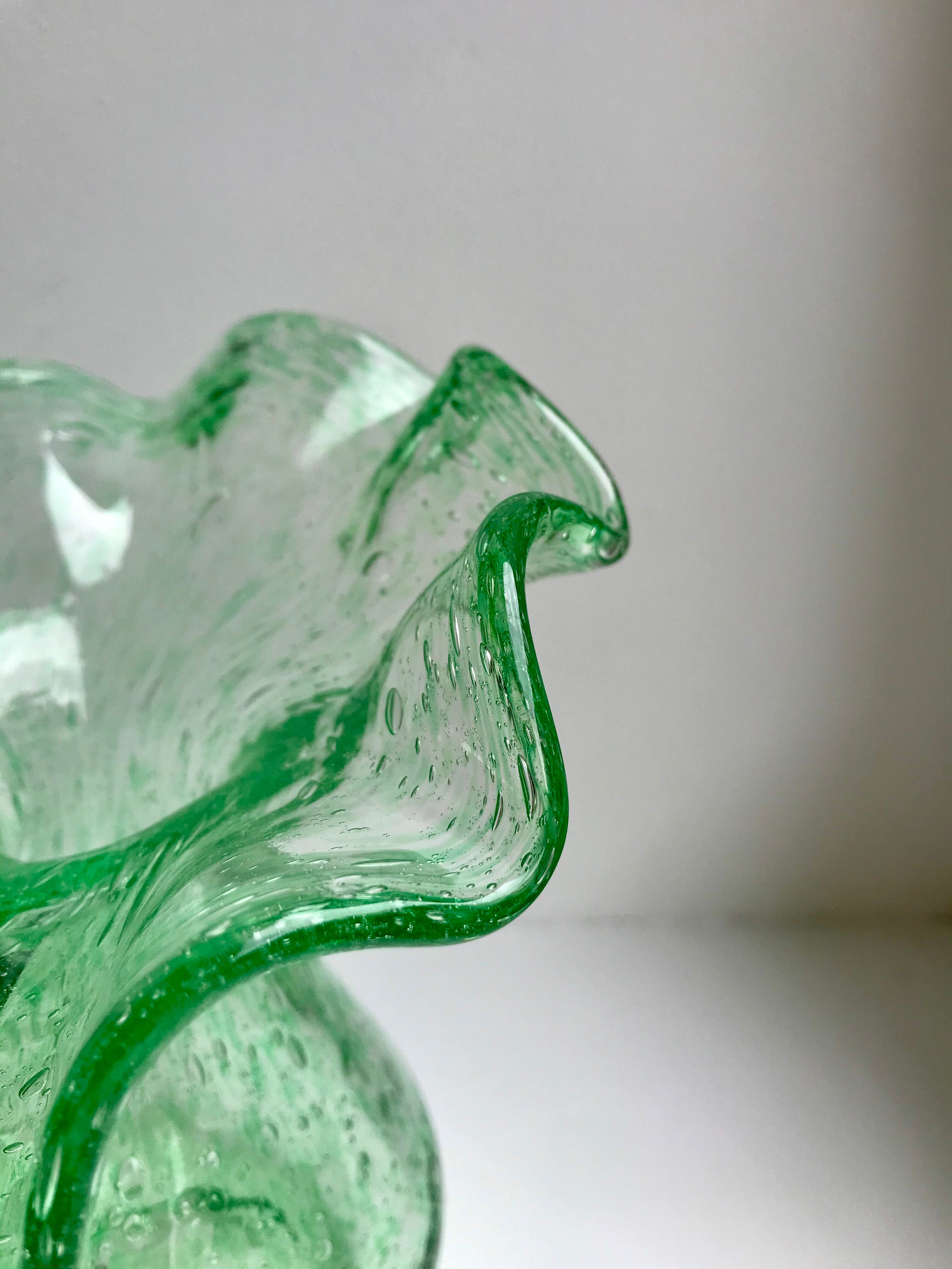 Biot bubbled glass corolla vase signed Riom vert years 60-70