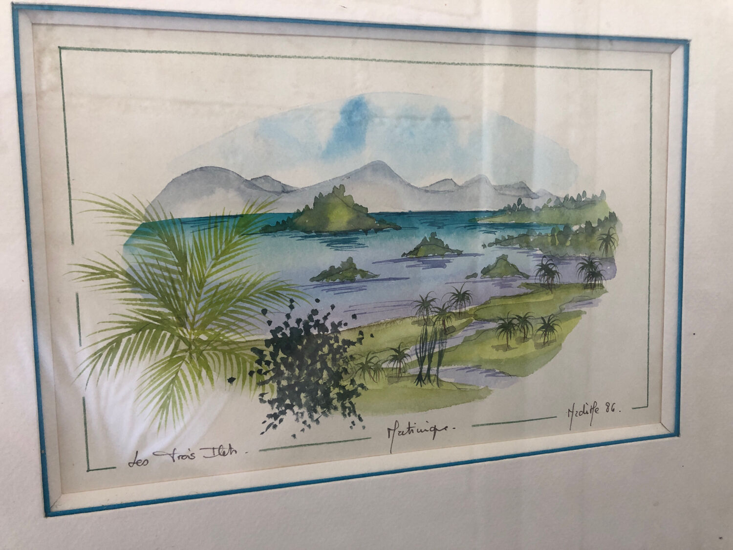 Watercolor painting nadine martinique the three islets + wood frame #a223