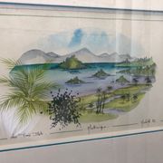 Watercolor painting nadine martinique the three islets + wood frame #a223