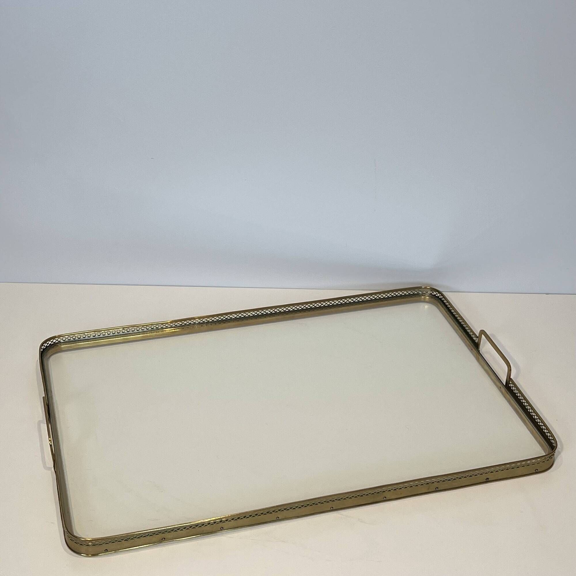 Rectangular Service Tray with Openwork Gallery in Brass. French Work