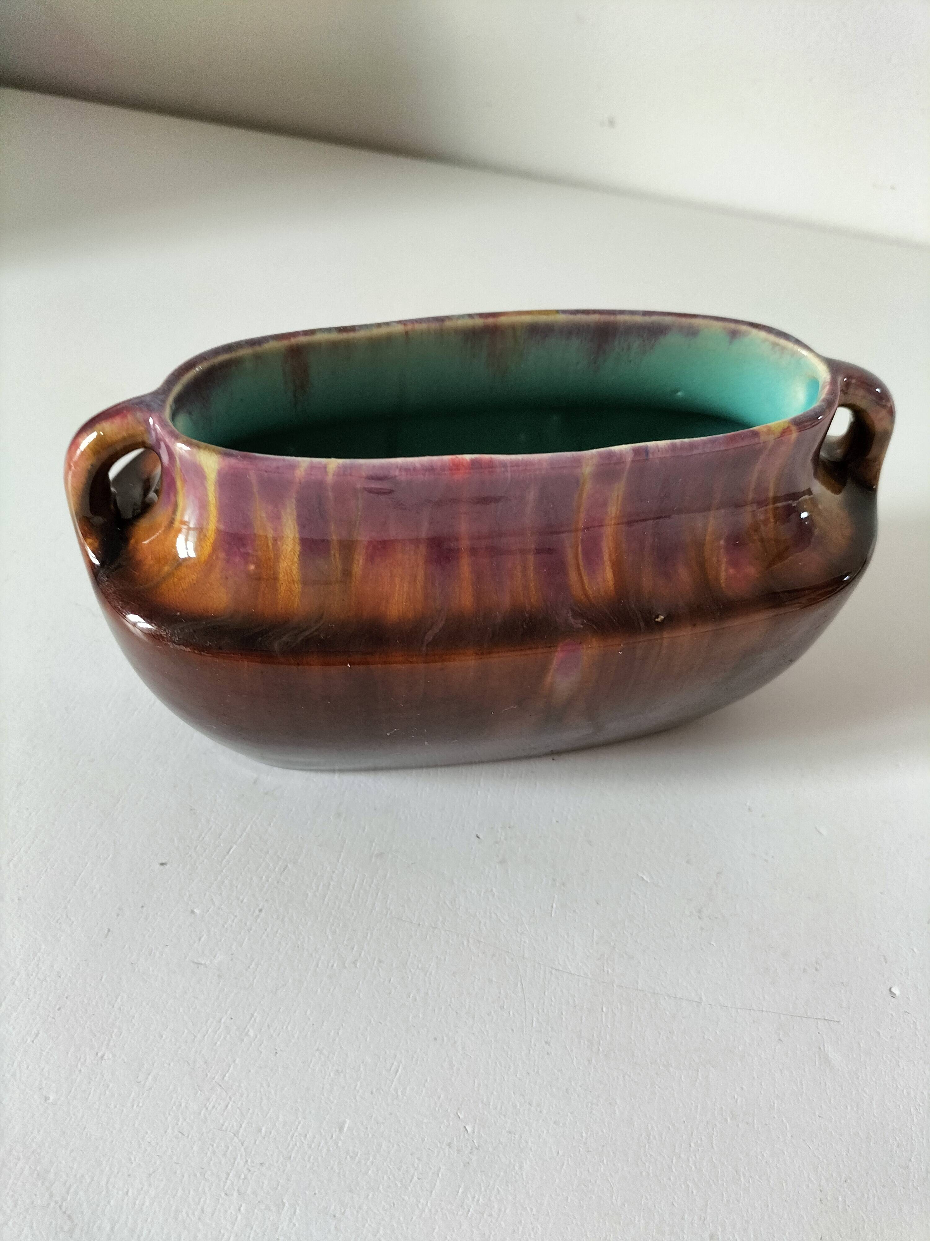 Oval ceramic vase with handles, glazed, 20th century.