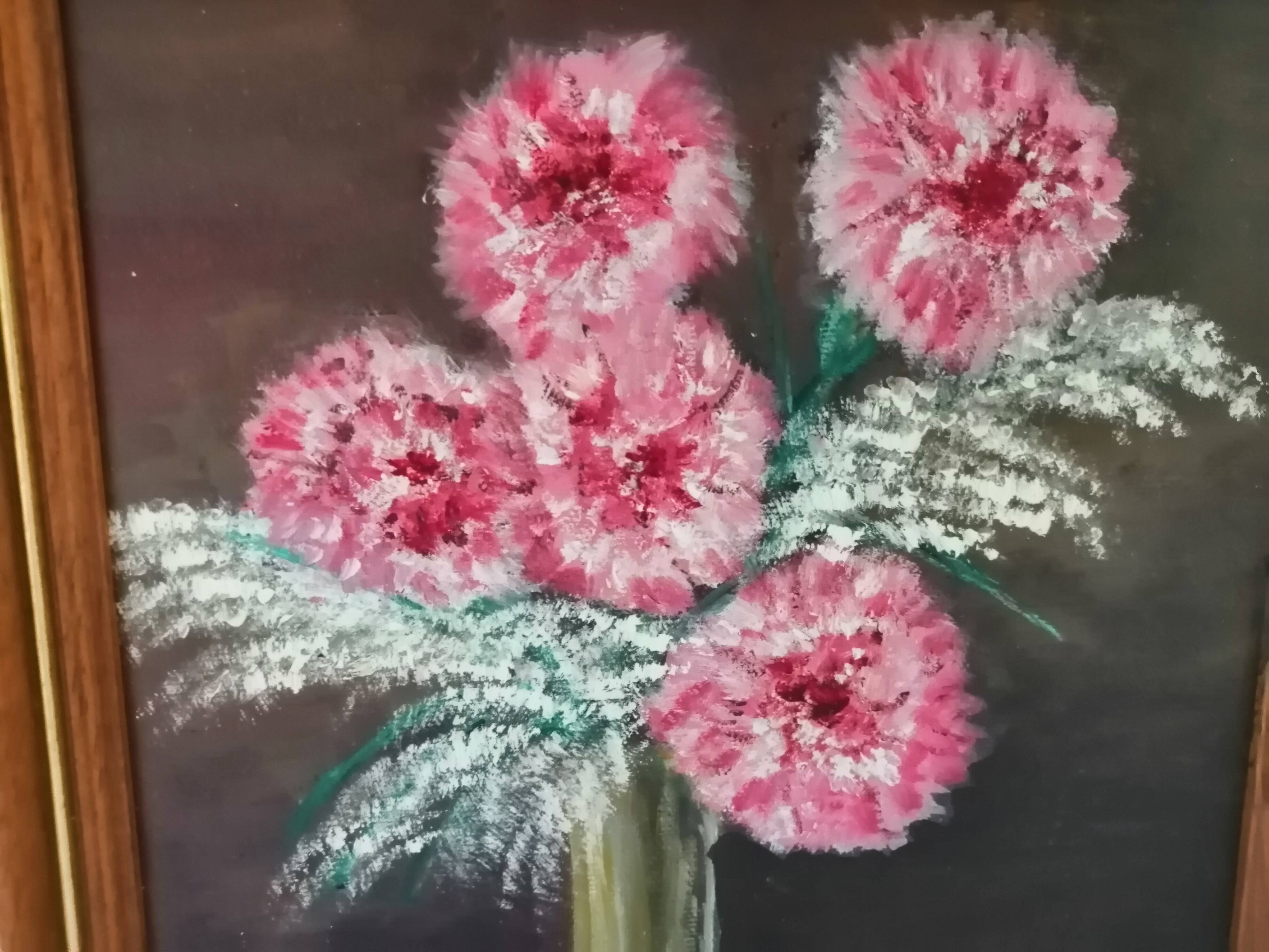 Still life with oil flowers on ancient panel